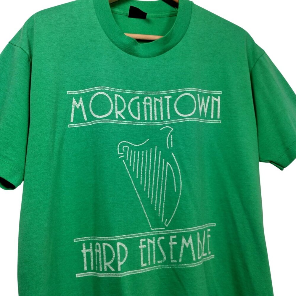 Vintage Morgantown Harp Enemble Shirt Large Single Stitch T Kelly Green Musician